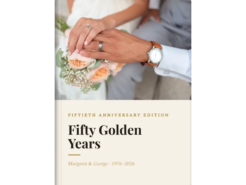 golden cover design for a personalised anniversary cookbook