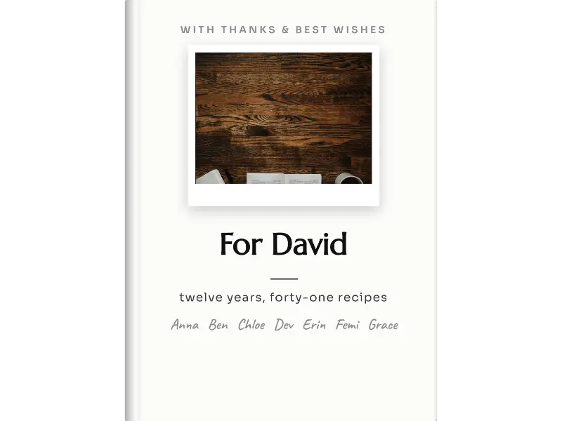 catalogue cover design for a personalised leaving gift cookbook